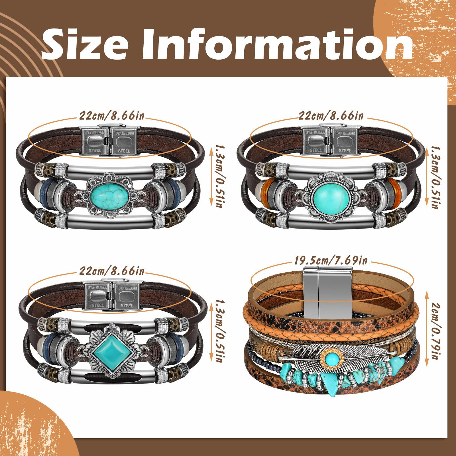 Glenmal 4 Pcs Boho Leather Bracelet Turquoise Cuff Leather Bracelet Western Jewelry Gifts for Women Multilayer Layer Wristband Turquoise Bangle for Women(Vintage)