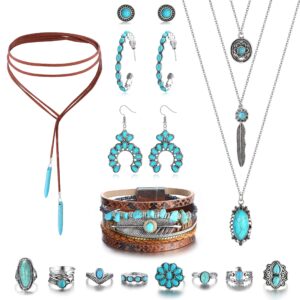 Helicopchain Western Jewelry For Women Bohemian Turquoise Jewelry Set Turquoise Pendant Choker Necklace Turquoise Faux Leather Cuff Bracelet Turquoise Hoop Dangle Earrings Turquoise Joint Knuckle