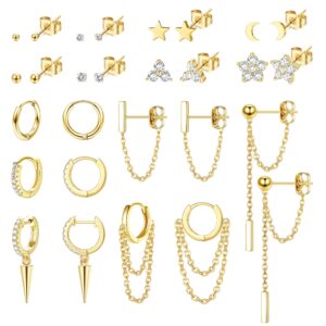 Sanfenly 14 Pairs Studs Earrings and Hoops Set Gold Plated Dangle Chain Earrings Mini Ball CZ Moon Star Flower Studs Huggie Hoop Earring for Women