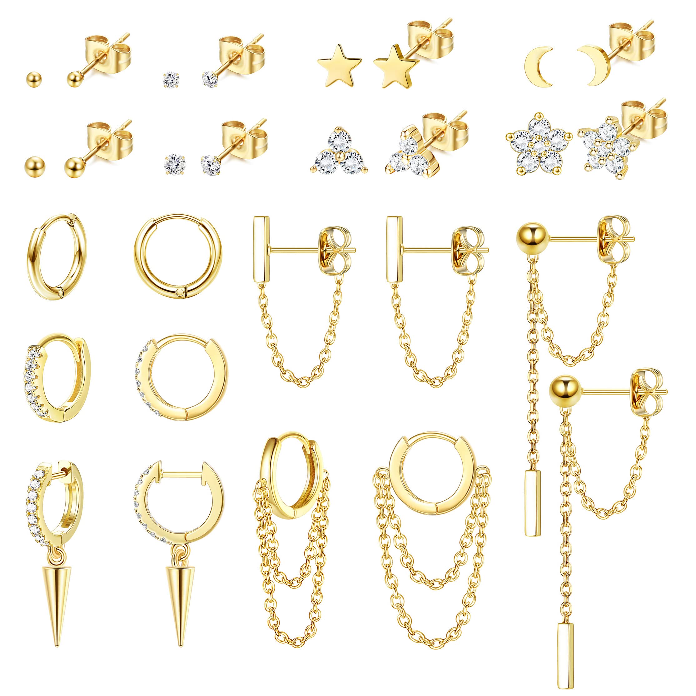 Sanfenly 14 Pairs Studs Earrings and Hoops Set Gold Plated Dangle Chain Earrings Mini Ball CZ Moon Star Flower Studs Huggie Hoop Earring for Women