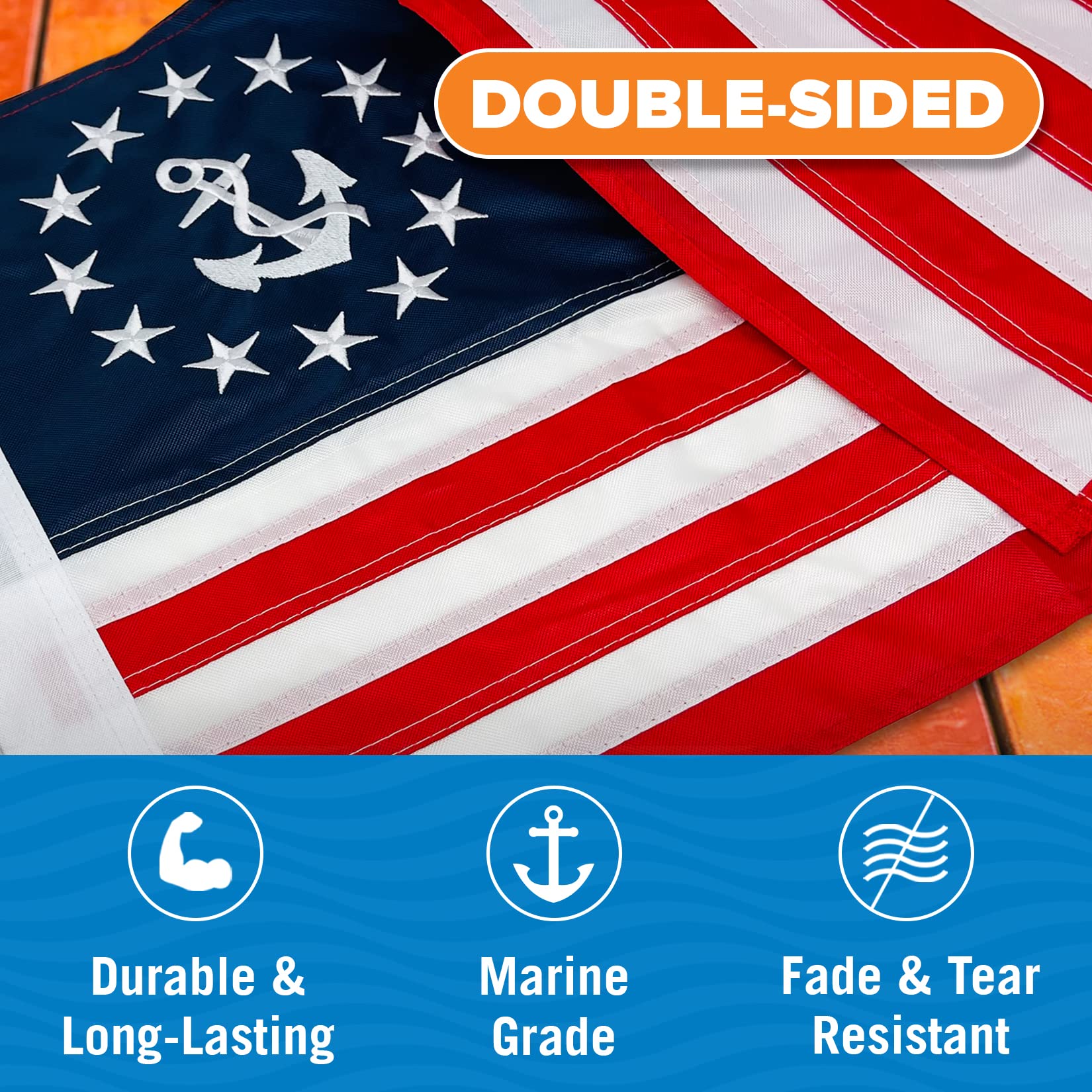 Anchor Boat Flag Pole Kit American Flag US 12" x 18" Small America Flags Set Double Sided Marine Grade Boat Flag Holder 12x18 Pontoon Sailboat or Ski Rail Mount Small American Boat Flags and Burgee