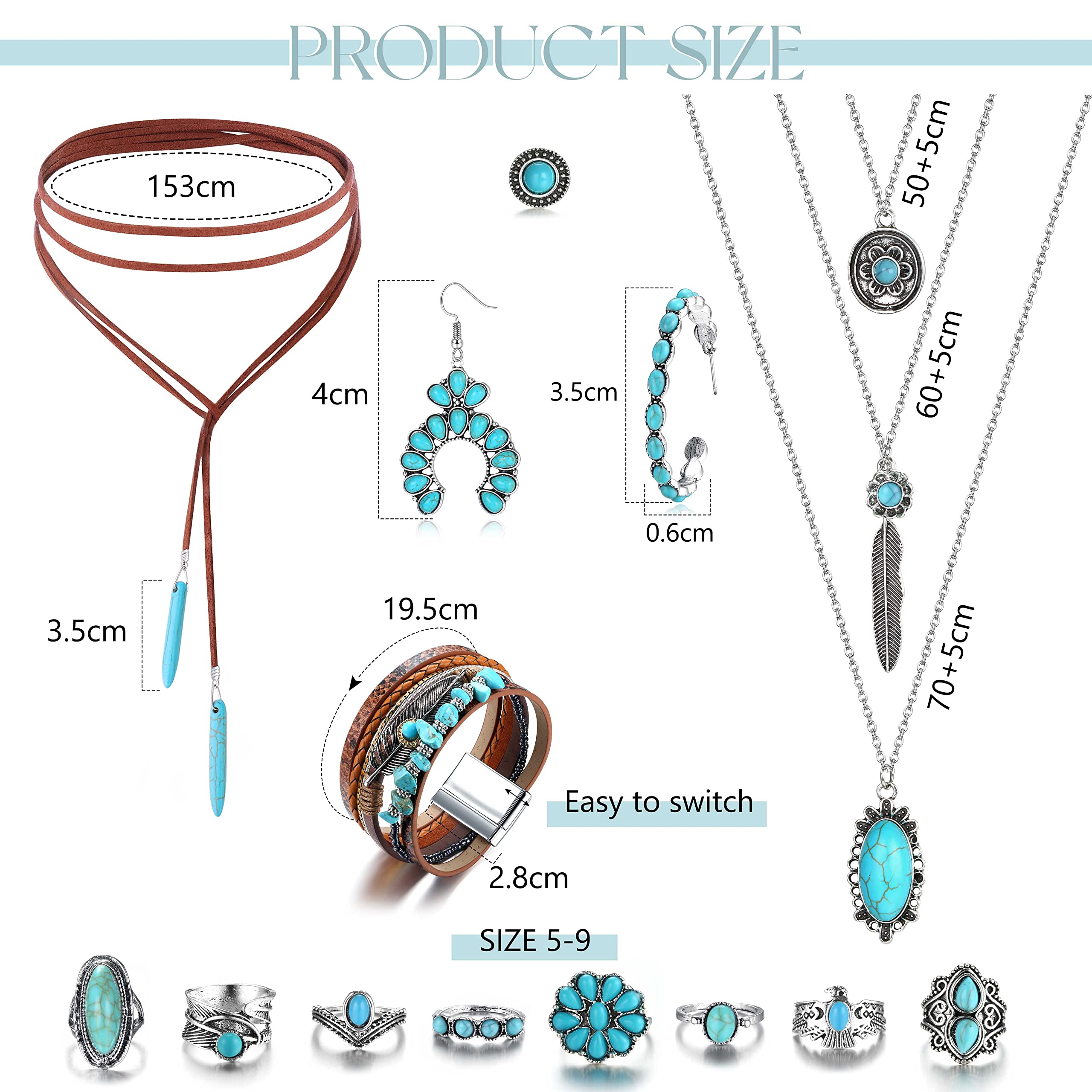 Helicopchain Western Jewelry For Women Bohemian Turquoise Jewelry Set Turquoise Pendant Choker Necklace Turquoise Faux Leather Cuff Bracelet Turquoise Hoop Dangle Earrings Turquoise Joint Knuckle