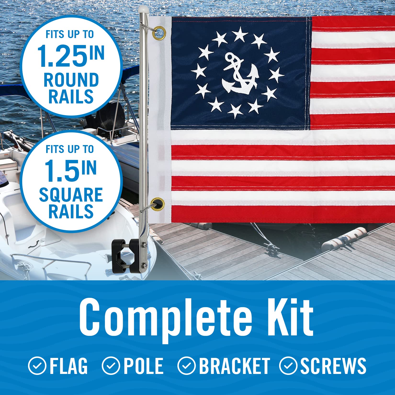 Anchor Boat Flag Pole Kit American Flag US 12" x 18" Small America Flags Set Double Sided Marine Grade Boat Flag Holder 12x18 Pontoon Sailboat or Ski Rail Mount Small American Boat Flags and Burgee