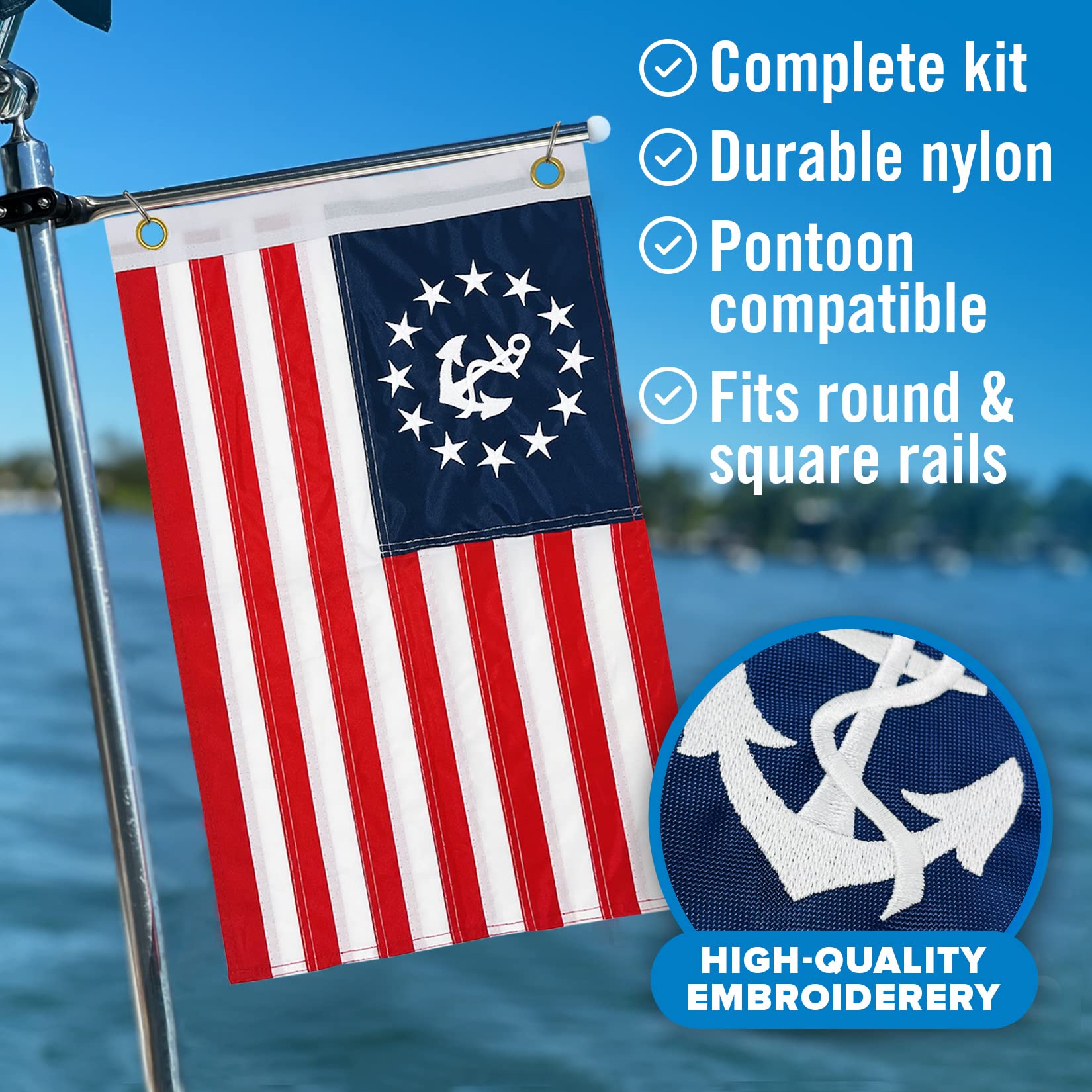 Anchor Boat Flag Pole Kit American Flag US 12" x 18" Small America Flags Set Double Sided Marine Grade Boat Flag Holder 12x18 Pontoon Sailboat or Ski Rail Mount Small American Boat Flags and Burgee