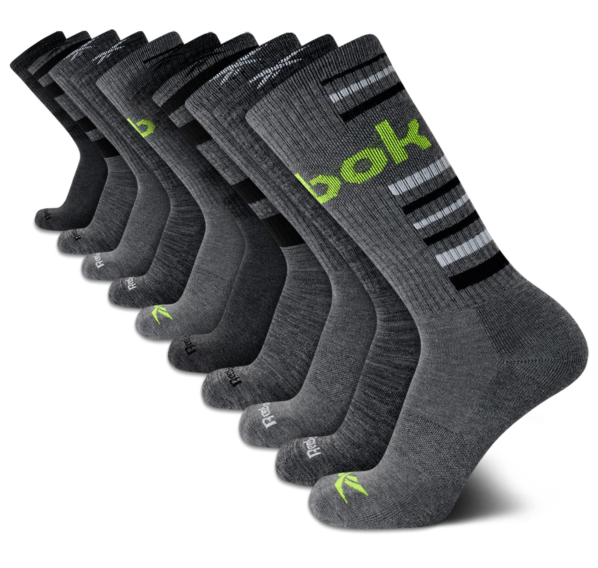 Reebok Men's Crew Socks - 10 Pack Mid-Calf Performance Cushion Comfort Crew Socks - Athletic Socks for Men (6-12.5), Size 6-12.5, Grey Assorted