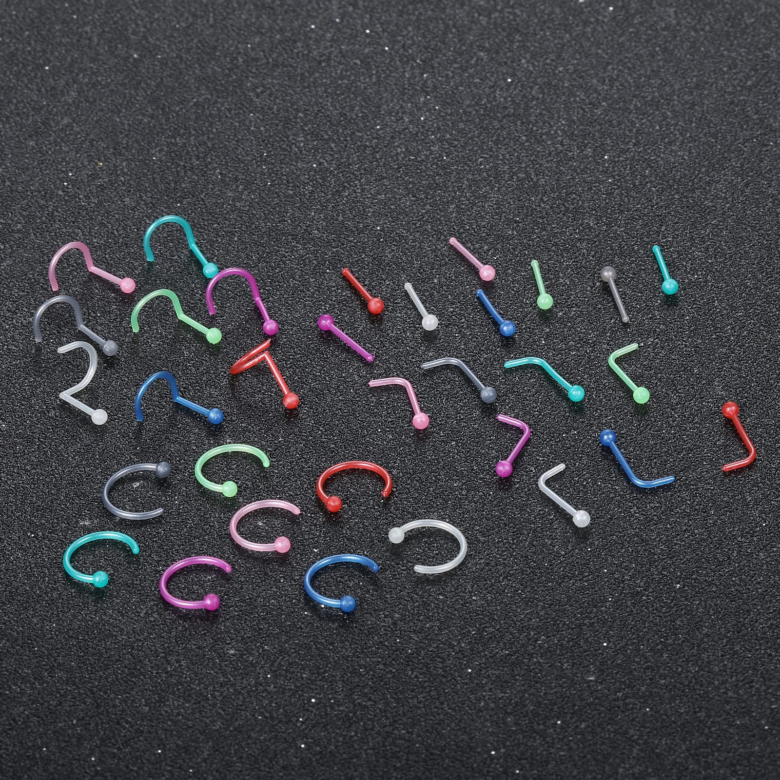 Oveta 32PCS Clear Nose Rings Studs for Work 20G Nose Piercing Retainer, Colorful Plastic Nose Stud L Shaped Bone Screw Nostril