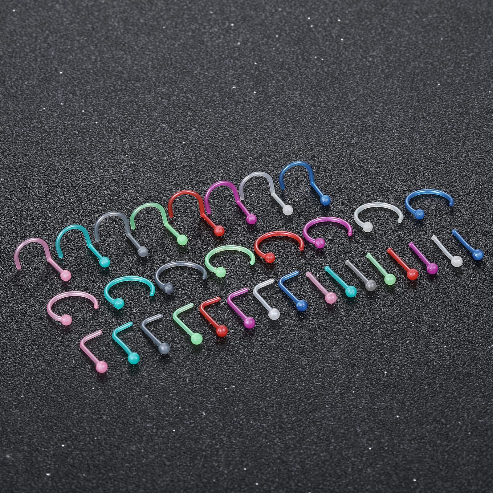 Oveta 32PCS Clear Nose Rings Studs for Work 20G Nose Piercing Retainer, Colorful Plastic Nose Stud L Shaped Bone Screw Nostril