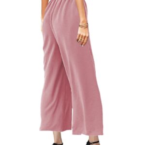 MAYFASEY Linen Pants for Women Wide Leg Casual Stretchy Palazzo Pants Office Capris Elastic Waist Loose Fitting Lounge Yoga Trousers with Pockets Pink L