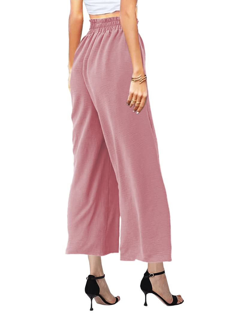 MAYFASEY Linen Pants for Women Wide Leg Casual Stretchy Palazzo Pants Office Capris Elastic Waist Loose Fitting Lounge Yoga Trousers with Pockets Pink L