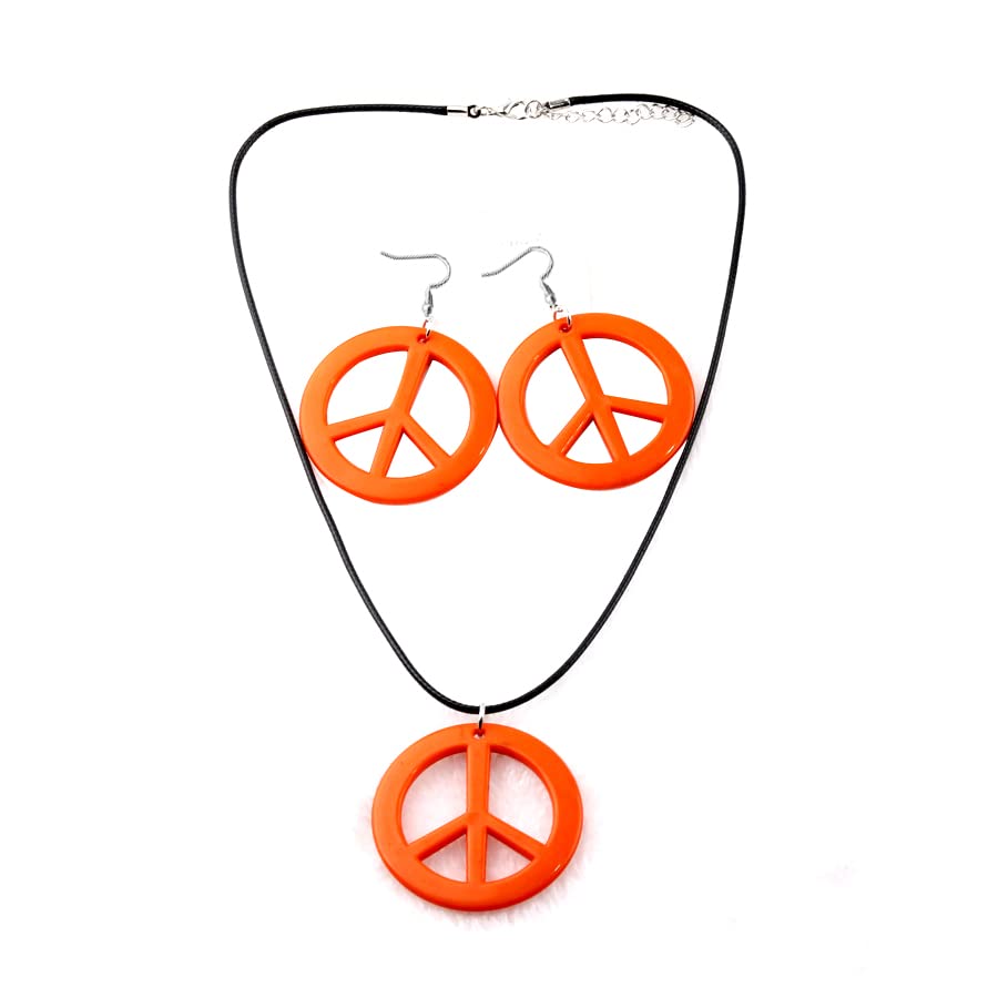 Colorful Love Peace Symbol Pendant Necklace Earrings Set Long Hippie Halloween Rainbow for Women Men 1960s 1970s Party Hipster Accessories-Orange Necklace Set