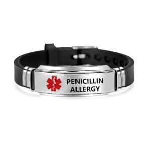 mzc jewelry penicillin allergy medical alert bracelets for men women sport silicone emergency wristband adjustable stainless steel engraved medical id bracelets