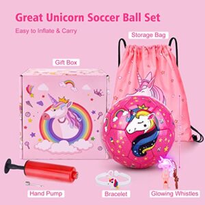 JYPS Size 3 Soccer Ball Girls, Glitter Unicorn Soccer Ball Gifts for Girls Kids Age 4-8 with Pump & Drawstring Bag, Unicorn Toys for Girls Age 3 4 5 6 7 8