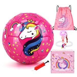 jyps size 3 soccer ball girls, glitter unicorn soccer ball gifts for girls kids age 4-8 with pump & drawstring bag, unicorn toys for girls age 3 4 5 6 7 8