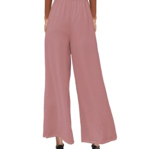 MAYFASEY Linen Pants for Women Wide Leg Casual Stretchy Palazzo Pants Office Capris Elastic Waist Loose Fitting Lounge Yoga Trousers with Pockets Pink 3XL