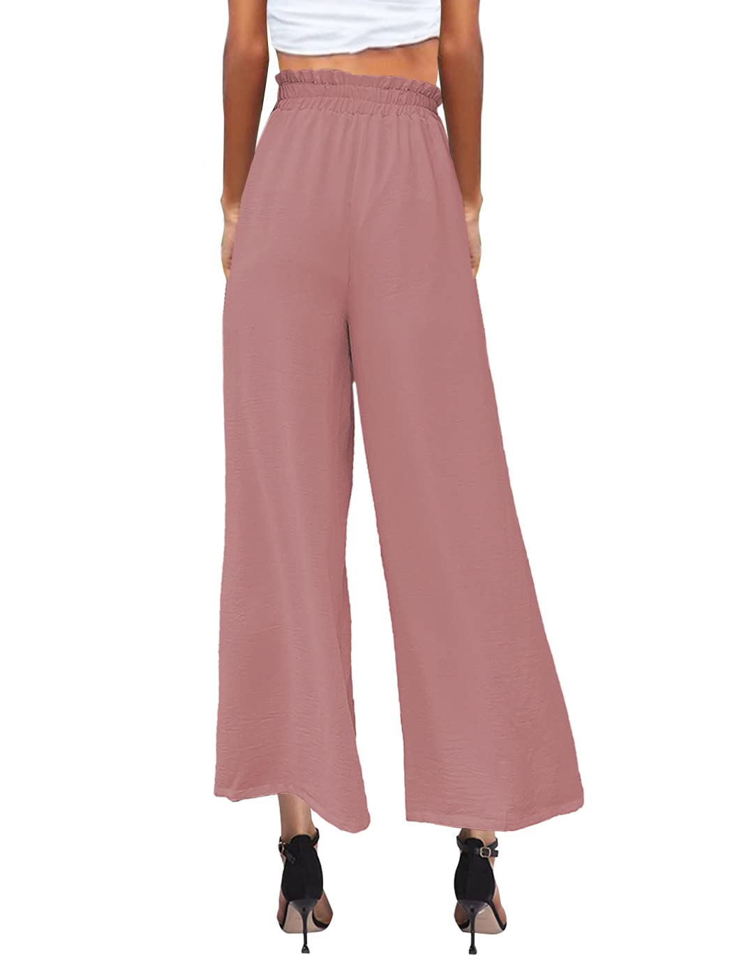 MAYFASEY Linen Pants for Women Wide Leg Casual Stretchy Palazzo Pants Office Capris Elastic Waist Loose Fitting Lounge Yoga Trousers with Pockets Pink L