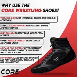 CORE Wrestling Shoes Mat Ace - Lightweight Martial Arts Boxing Shoes - Weightlifting Shoes for deadlift - for Men and Women Black