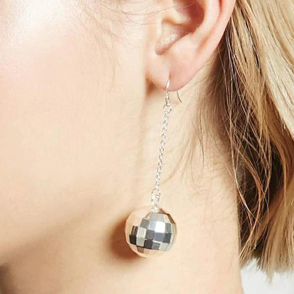 Women's Disco Ball Earrings Silver Mirrored Ball Earrings 70's Earrings Easy to Match with Disco Costumes Women's Disco Accessories (Long Disco Ball Earrings 1 Pair)