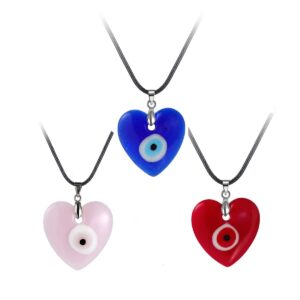 caiyao evil eye pendant necklace glass leather rope chain turkish protect lucky necklace for women men-3pcs heart shape