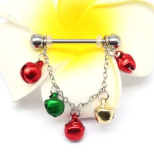 14G Jingle Bell Dangle Nipple Rings Stainless Steel Hoop Earrings Nipple Tongue Ring Barbell Piercing Red Green Ball Bead Christmas Nipple Piercing Jewelry for Women