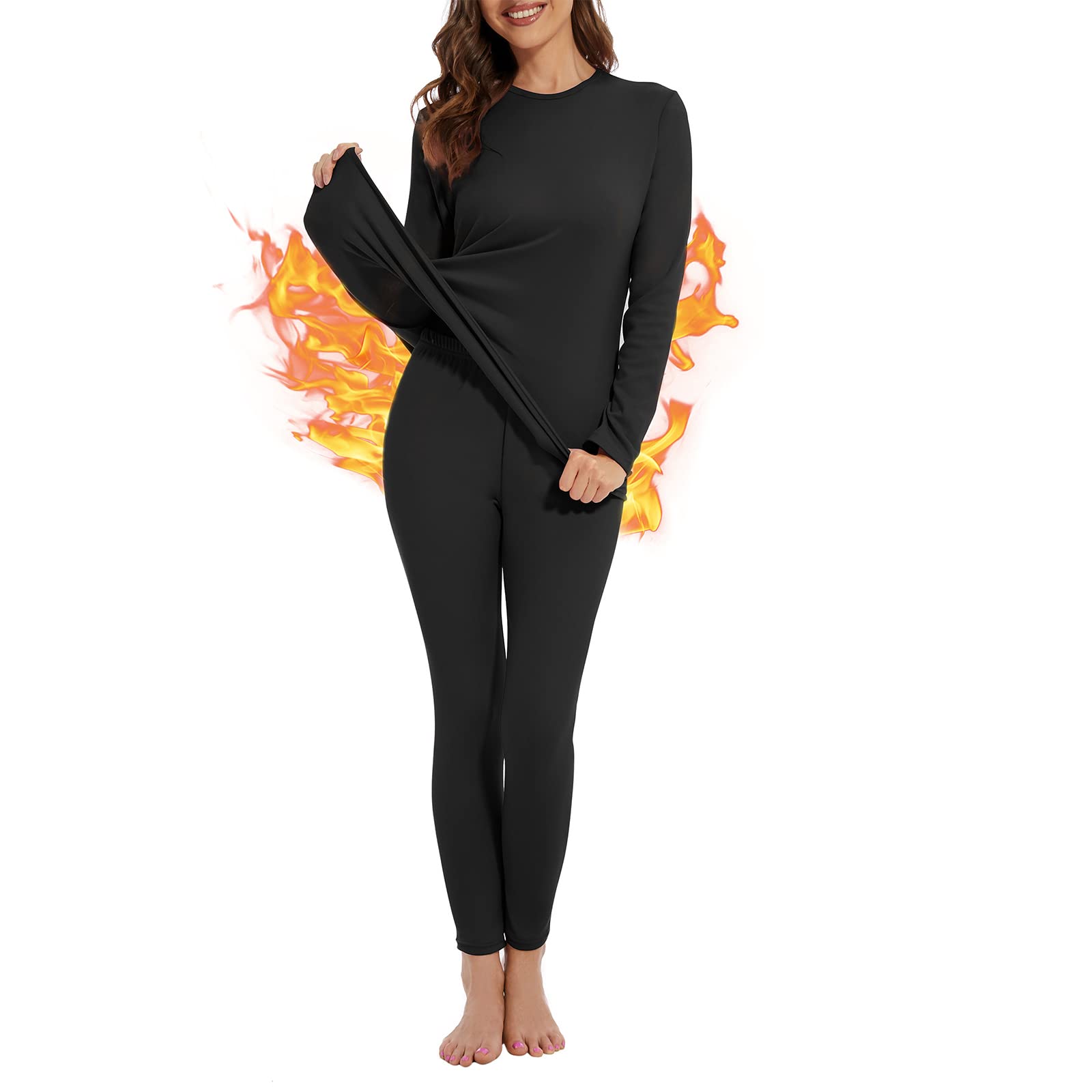 Thermal Underwear for Women Ultra Soft Fleece Lined Base Layer Top Bottom Winter Clothes Pajama Set Long Johns for Women Heavyweight Black Set X-Large