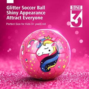 JYPS Size 3 Soccer Ball Girls, Glitter Unicorn Soccer Ball Gifts for Girls Kids Age 4-8 with Pump & Drawstring Bag, Unicorn Toys for Girls Age 3 4 5 6 7 8