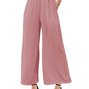 MAYFASEY Linen Pants for Women Wide Leg Casual Stretchy Palazzo Pants Office Capris Elastic Waist Loose Fitting Lounge Yoga Trousers with Pockets Pink L