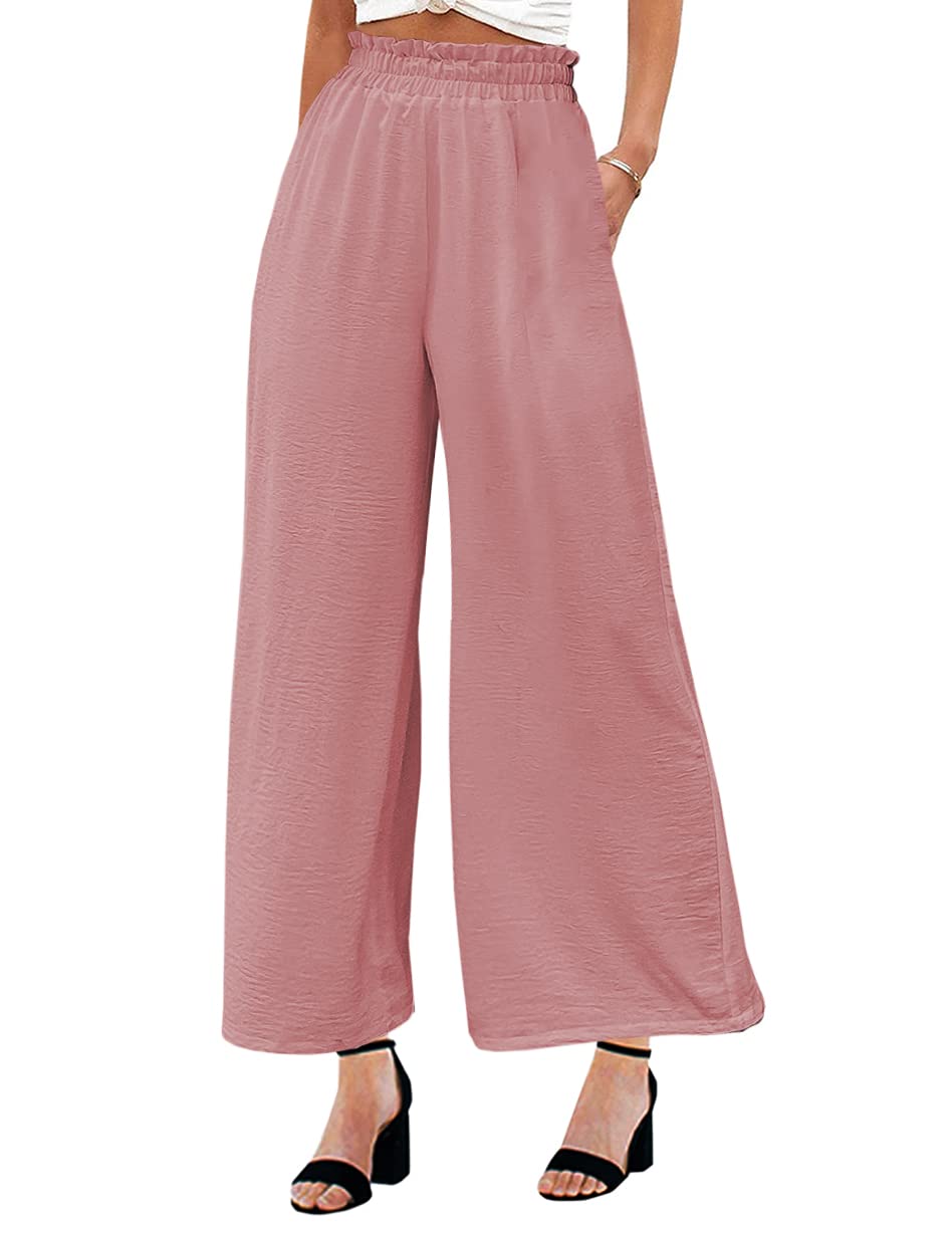 MAYFASEY Linen Pants for Women Wide Leg Casual Stretchy Palazzo Pants Office Capris Elastic Waist Loose Fitting Lounge Yoga Trousers with Pockets Pink L