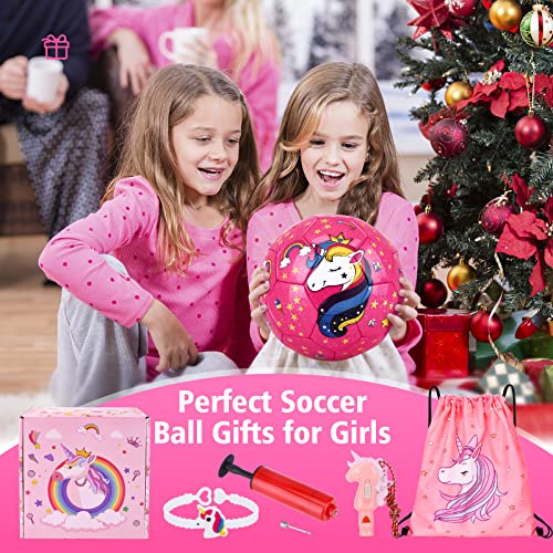 JYPS Size 3 Soccer Ball Girls, Glitter Unicorn Soccer Ball Gifts for Girls Kids Age 4-8 with Pump & Drawstring Bag, Unicorn Toys for Girls Age 3 4 5 6 7 8