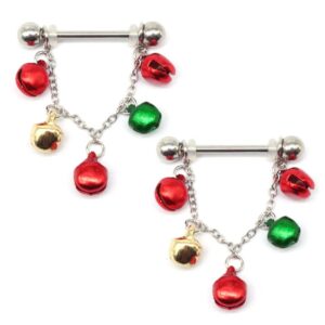 14G Jingle Bell Dangle Nipple Rings Stainless Steel Hoop Earrings Nipple Tongue Ring Barbell Piercing Red Green Ball Bead Christmas Nipple Piercing Jewelry for Women