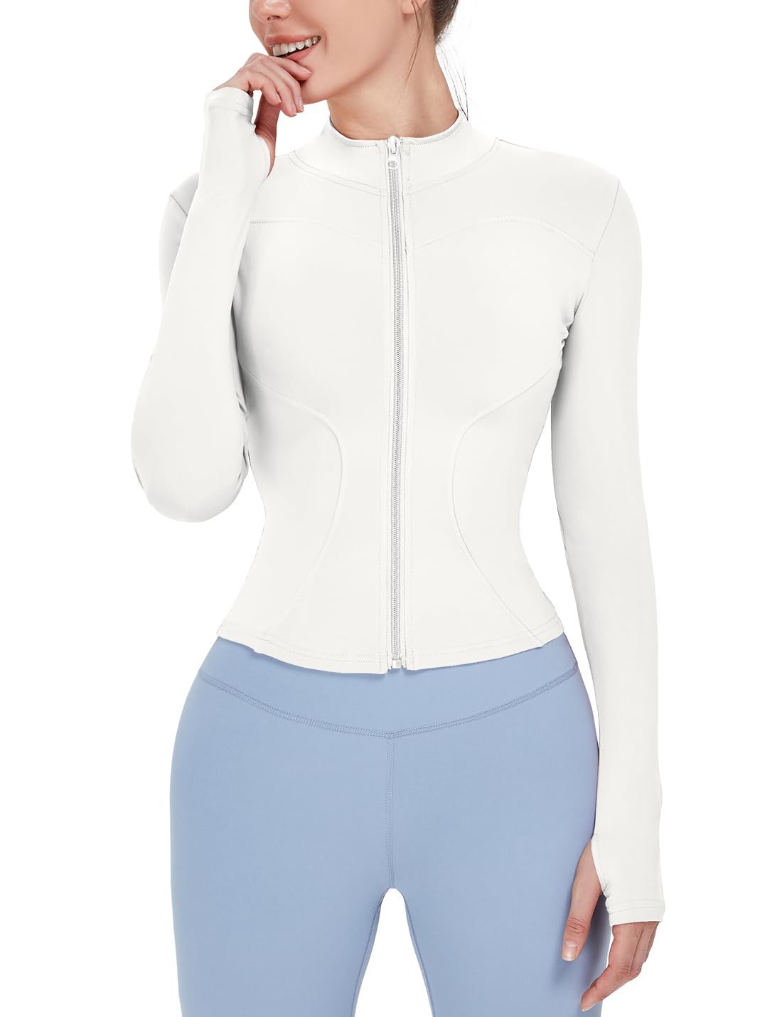 Locachy Women's Lightweight Stretchy Workout Full Zip Running Track Jacket with Thumb Holes White XS