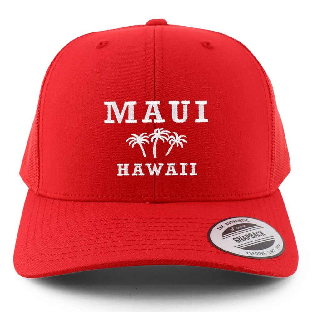 Trendy Apparel Shop Maui Hawaii with Palm Tree Embroidered Retro Trucker Mesh Cap - Red