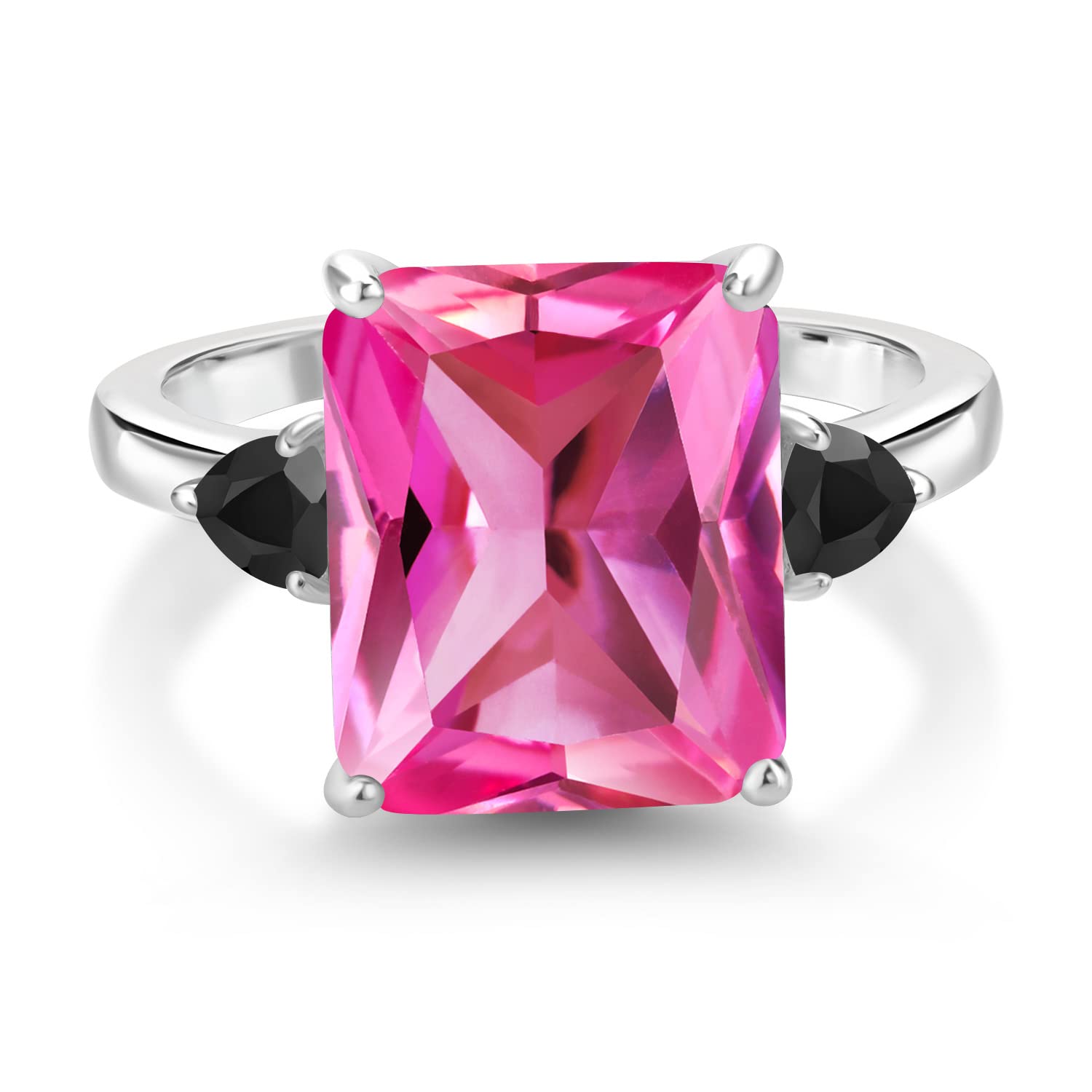 Gem Stone King 6.84 Ct Octagon Pink Created Sapphire Black Onyx 925 Sterling Silver Ring (Size 9)