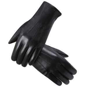 Harssidanzar Leather Gloves for Woman,Winter Rabbit Fur Lined Soft Genuine Leather Gloves KL027, Black,Size M