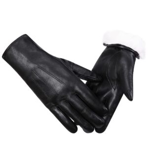 Harssidanzar Leather Gloves for Woman,Winter Rabbit Fur Lined Soft Genuine Leather Gloves KL027, Black,Size M