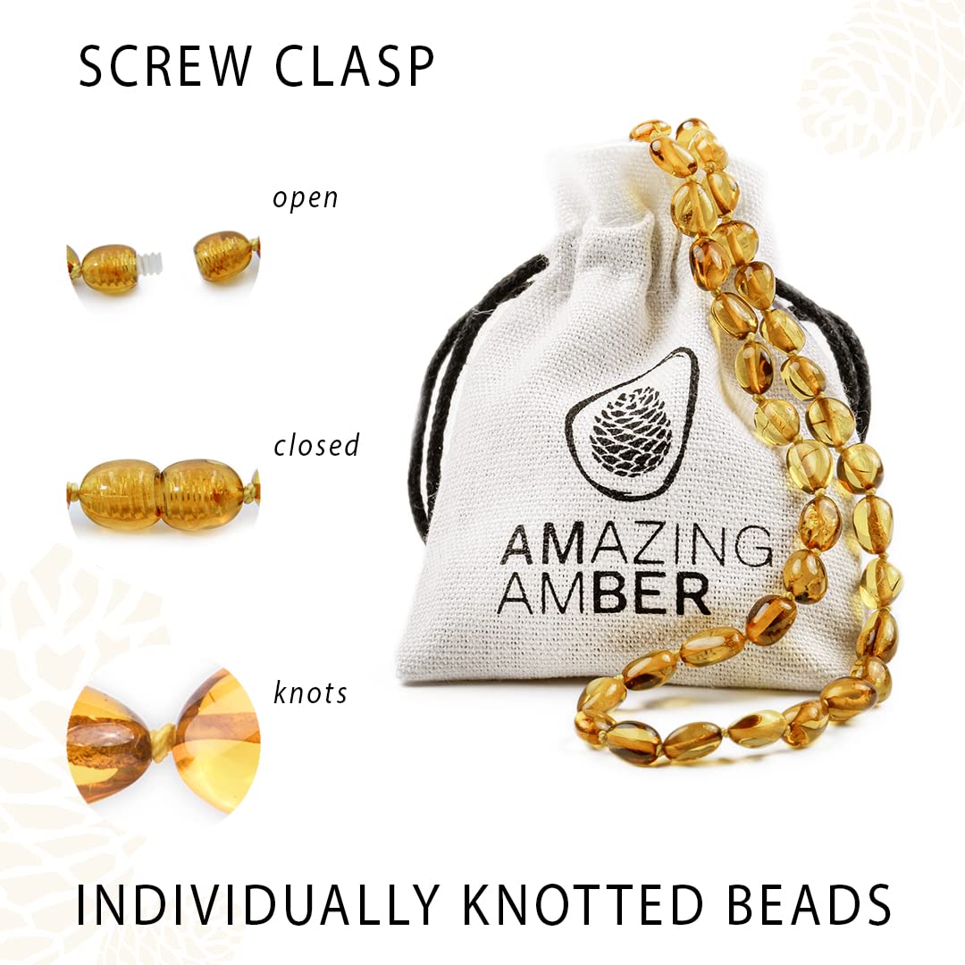 AMAZING AMBER Necklace - 100% Authentic Amber (Golden Honey, 13.5 inches), Certified Amber Necklace with Safety Clasp and Knotted Beads - Real Amber Necklace