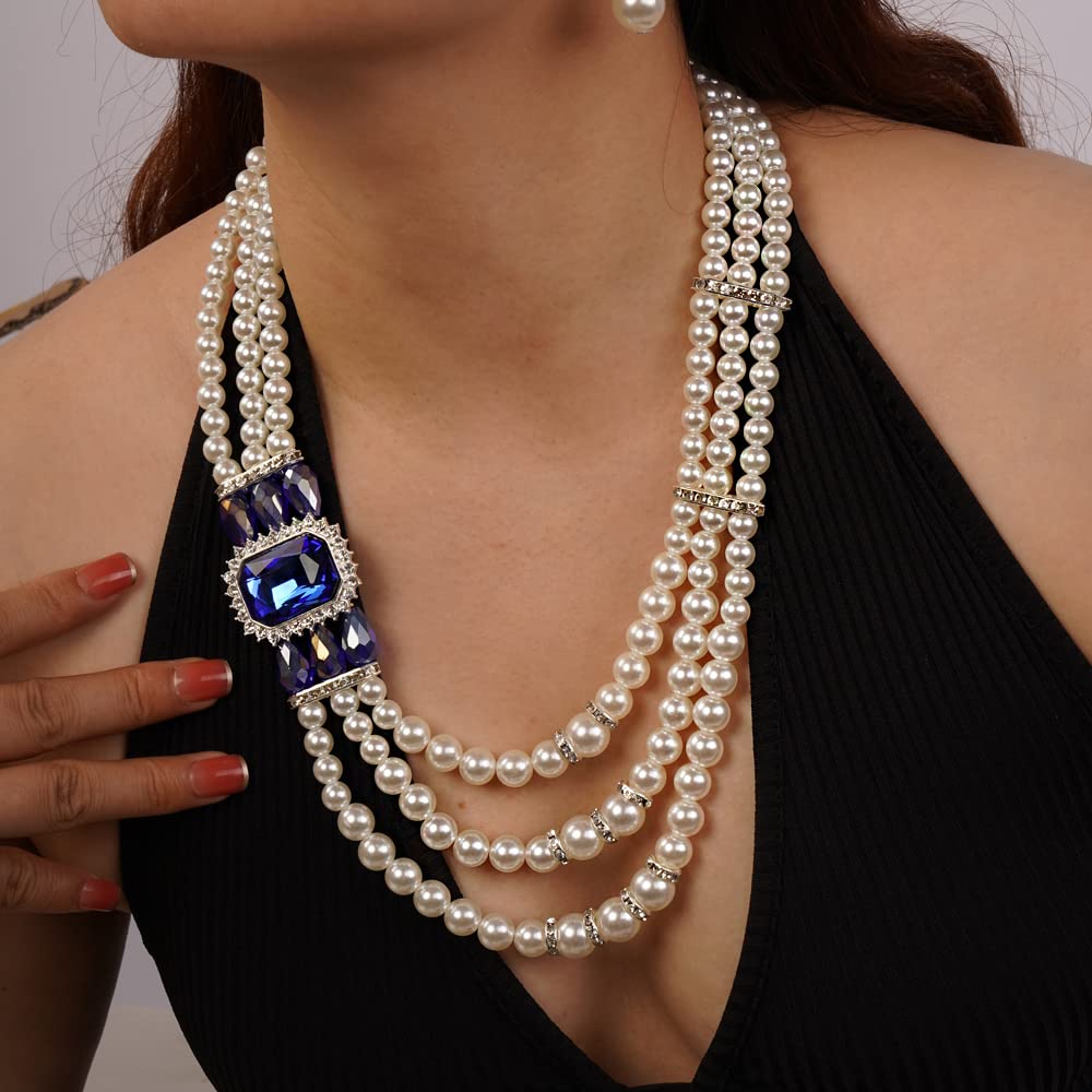 Aimimier 1920s 3-strand White Faux Pearl Necklace and Earrings Set Royal Blue Crystal and Rhinestone Chunky Collar Bib Pearl Statement Necklace