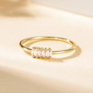 TIGRADE 1.5mm Eternity Ring 14k Gold Plated Stacking Ring Baguette Cubic Zirconia Petite Wedding Band for Women Size 3-12, Gold, Size 6