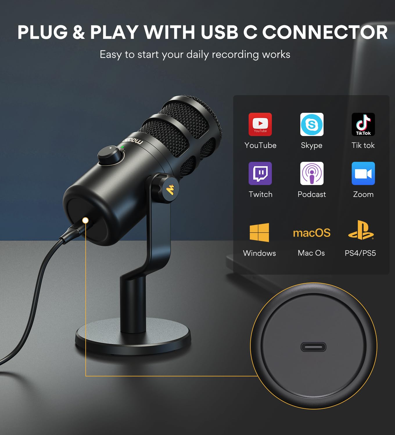 MAONO USB Dynamic Microphone, Podcast Recording Microphone with Gain Knob, Plug & Play, Metal Structure, Voice-Isolating Technology, Cardioid Studio PC Mic for Streaming, Vocal, Home Studio-PD100U