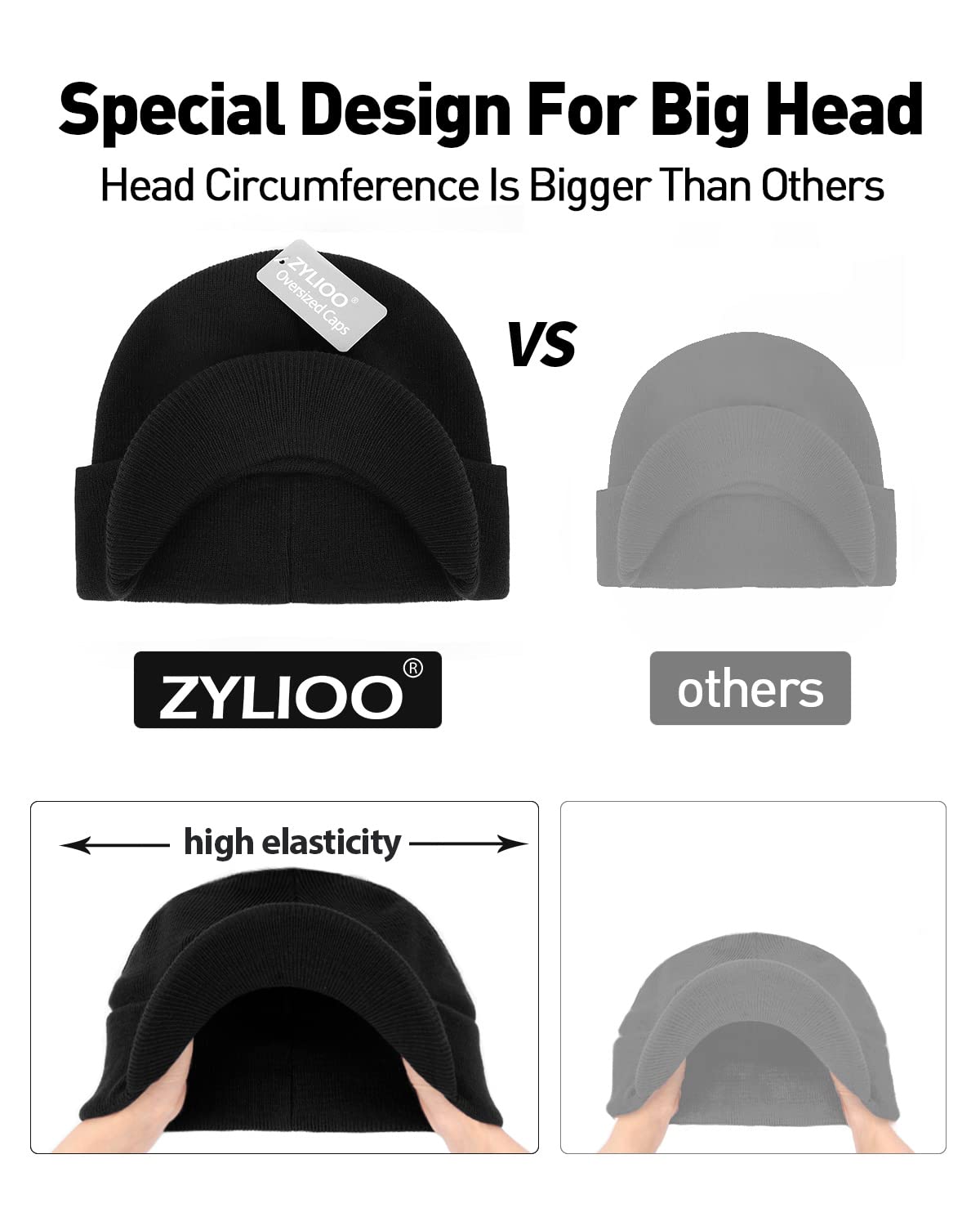 Zylioo Large Size Warm Beanie Cap,Winter Knitted Skiing Cap for Big Heads,Solid Color Warm Watch Cap