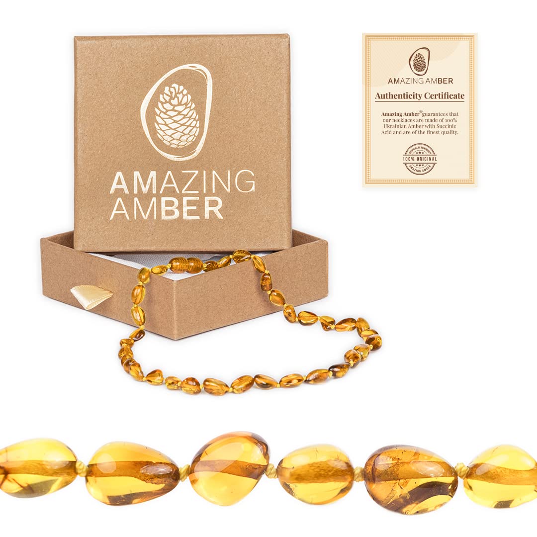 AMAZING AMBER Necklace - 100% Authentic Amber (Golden Honey, 13.5 inches), Certified Amber Necklace with Safety Clasp and Knotted Beads - Real Amber Necklace