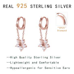 Reffeer 925 Sterling Silver Flower Chain Drop Earrings Hoop for Women Teen Girls Huggie Hoop Dangle Earrings Chain (C-Rose)