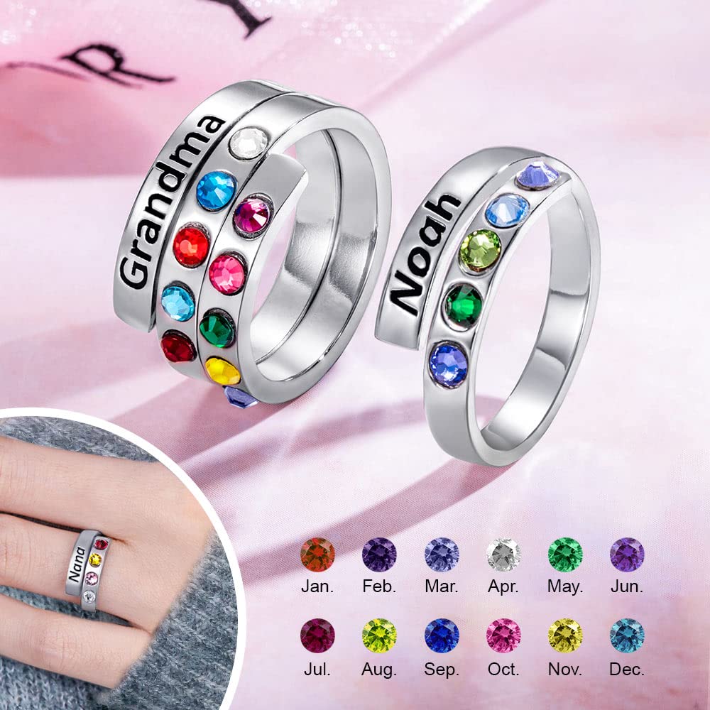 Custom Engraved Initials Name Rings For Women 925 Sterling Silver/Copper/Stainless Steel Stackable Mother Rings Anniversary Personalized 1-10 Birthstone Rings Grandma Birthday Gifts For Nana Mom