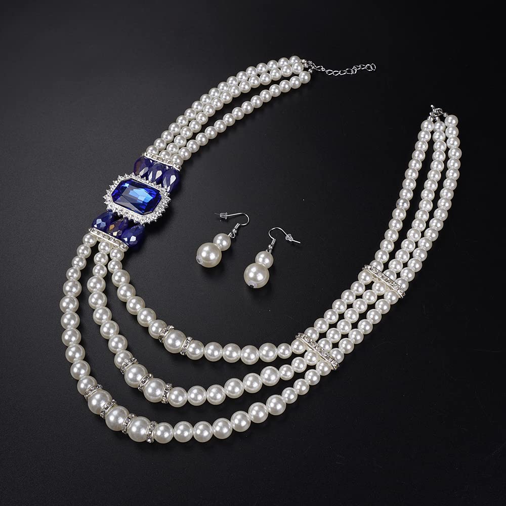 Aimimier 1920s 3-strand White Faux Pearl Necklace and Earrings Set Royal Blue Crystal and Rhinestone Chunky Collar Bib Pearl Statement Necklace