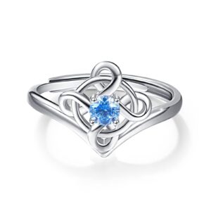 AOVEAO Celtic Knot Ring,925 Sterling Silver Blue Artificial Zircon Adjustable Irish Knot Lucky Open Rings Jewelry for Women