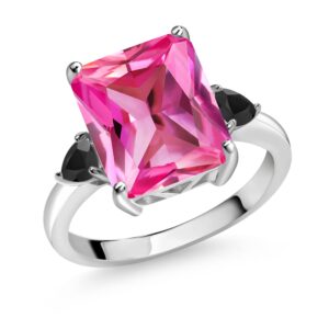 gem stone king 6.84 ct octagon pink created sapphire black onyx 925 sterling silver ring (size 9)