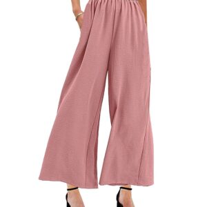 MAYFASEY Linen Pants for Women Wide Leg Casual Stretchy Palazzo Pants Office Capris Elastic Waist Loose Fitting Lounge Yoga Trousers with Pockets Pink L