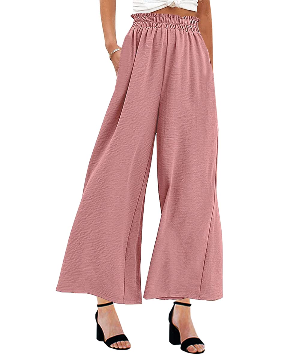 MAYFASEY Linen Pants for Women Wide Leg Casual Stretchy Palazzo Pants Office Capris Elastic Waist Loose Fitting Lounge Yoga Trousers with Pockets Pink L