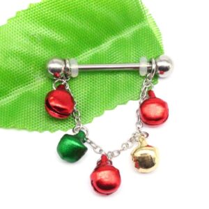 14G Jingle Bell Dangle Nipple Rings Stainless Steel Hoop Earrings Nipple Tongue Ring Barbell Piercing Red Green Ball Bead Christmas Nipple Piercing Jewelry for Women