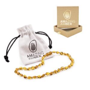 AMAZING AMBER Necklace - 100% Authentic Amber (Golden Honey, 13.5 inches), Certified Amber Necklace with Safety Clasp and Knotted Beads - Real Amber Necklace