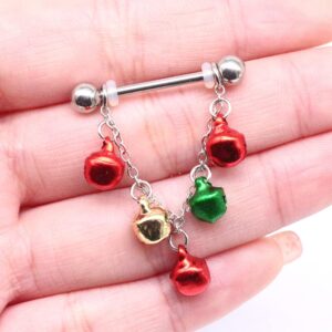 14G Jingle Bell Dangle Nipple Rings Stainless Steel Hoop Earrings Nipple Tongue Ring Barbell Piercing Red Green Ball Bead Christmas Nipple Piercing Jewelry for Women